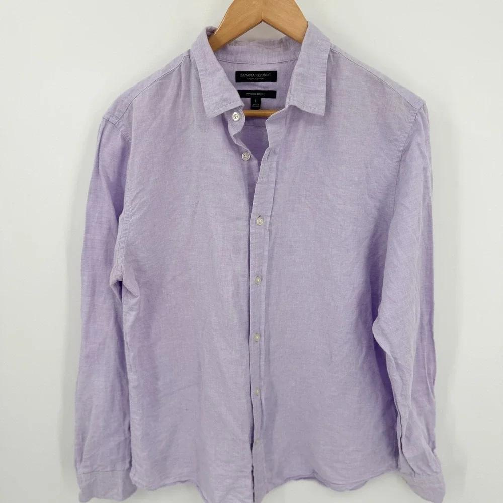 Banana Republic Linen Cotton Sz L Untucked Slim Fit Button Up Shirt Lilac Beachy